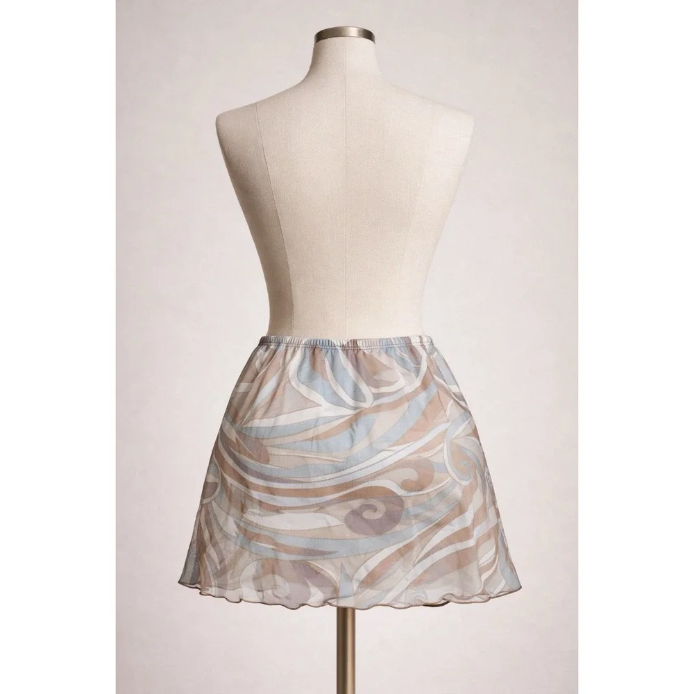 Y2K Mesh Mini Skirt Abstract Swirl Print Stretch Waist Retro‎ Clubwear XS S